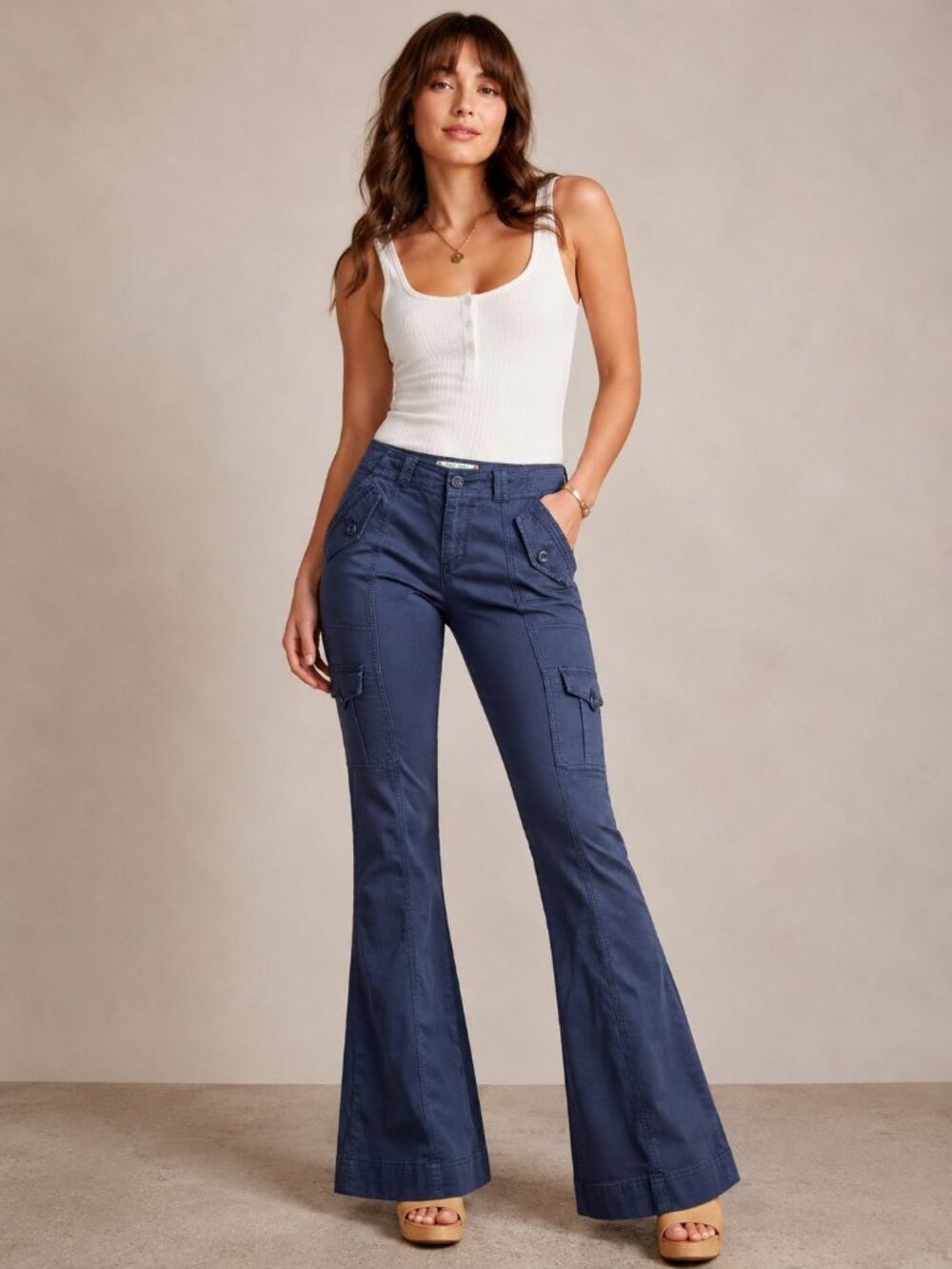 Anthropologie Hei Hei flare cargo pants button-closure pockets and flared legs